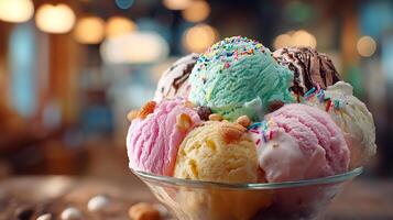 Natural light photo of ice cream with chocolate syrup berries and nuts toppings