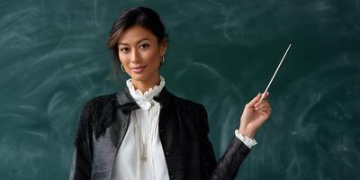 Woman teacher in front of chalkboard, pointing with pointer photo