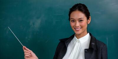 Woman teacher pointing with pointer at a teal chalkboard photo