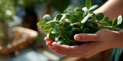 Hands holding a bunch of jade plant photo