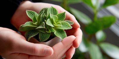 Small succulent held gently in cupped hands photo