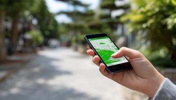Hand holding phone with map app. Blured city street and trees in background photo