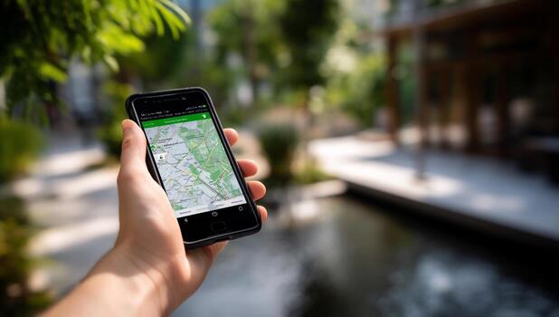 Close-up of a hand holding a smartphone displaying a map app. Green map, blurry background of trees and water feature photo