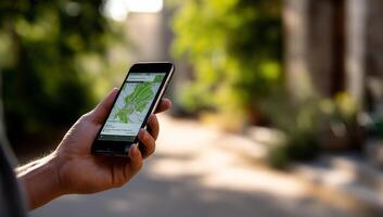 Close-up of a hand holding a smartphone displaying a map application. Out-of-focus background shows greenery and buildings photo