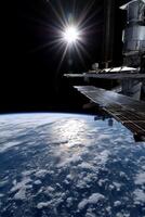 The sun shines over the earth from space photo