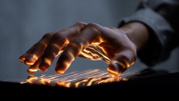 A person's hand is touching a glowing object photo