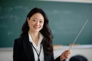 Smiling teacher in front of chalkboard, pointing photo