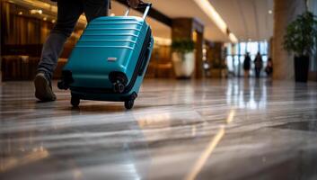 Person pulling a teal suitcase through a modern hotel lobby photo