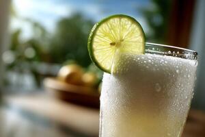 Refreshing lime beverage in a glass, frothy top photo
