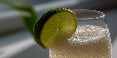 Sparkling drink with lime slice photo