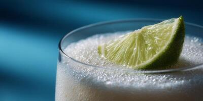 A lime slice in a glass of white foam photo
