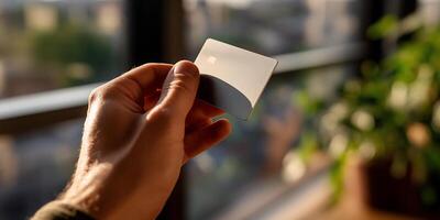 Close-up of a hand holding a credit card, natural light photo