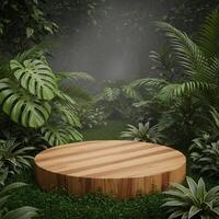 Serene Wooden Platform Amidst Lush Tropical Foliage and Mist photo