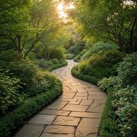 A stone path in a lush garden photo