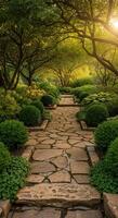 A stone pathway surrounded by trees and bushes photo