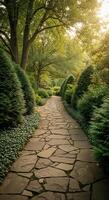 Sunlit Garden Path with Irregular Stone Paving and Lush Greenery photo