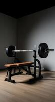 Weight Bench and Barbell in a Minimalist Gym Setting with Dramatic Lighting photo