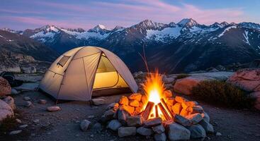 A tent is set up near a campfire in the mountains photo