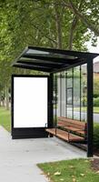 Modern Bus Shelter with Blank Advertising Space in Suburban Setting photo