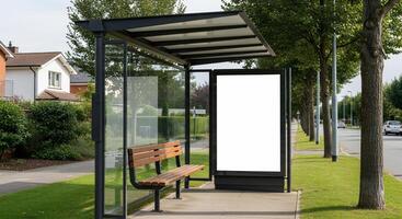 Modern Bus Stop with Blank Advertisement Panel and Wooden Bench photo