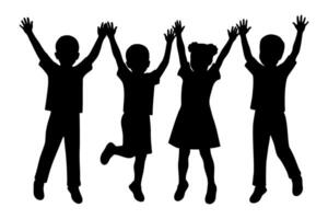 Silhouette illustration of four happy children jumping and raising hands, expressing joy and freedom vector