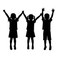 Silhouette illustration of three happy children jumping and raising hands, expressing joy and freedom vector