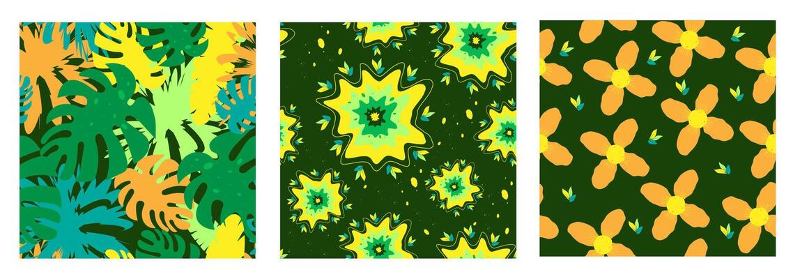 Set of colorful paint tropical flowers, seamless patterns with floral for fabric, textiles, clothing, wrapping paper, cover, banner, interior decor, abstract backgrounds.