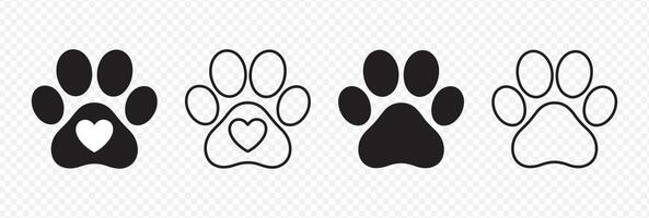 Set of 4 Paw Print Designs Featuring Heart-Shaped and Standard Footprint Icons for Pet-Themed Graphics, Logos, and Decorations vector