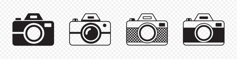 Set of 4 Camera Icons in Black and White Featuring Classic and Modern Designs with Varying Lens and Body Styles for Photography, Media, and Digital Applications vector