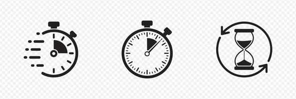 Set of 3 Timekeeping Icons Featuring Stopwatch, Hourglass, and Timer Representing Urgency, Time Management, and Countdown vector