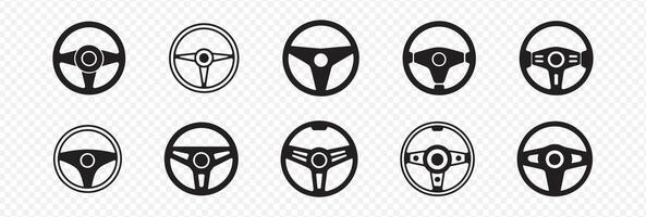 Set of 10 Steering Wheel Icons Featuring Various Spoke Designs, Central Hub Variations, and Unique Configurations for Automotive and UI Applications vector