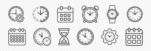Set of 12 Time Management and Scheduling Icons Featuring Analog and Digital Clocks, Calendar Pages, Hourglasses, Alarms, and Reminder Symbols for Productivity, Planning, and Workflow Organization vector