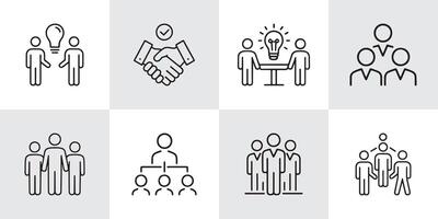 Set of 8 Teamwork and Collaboration Icons Representing Brainstorming, Leadership, Partnership, Group Meetings, Organizational Structure, and Team Unity vector