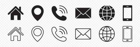Set of 12 Contact and Navigation Icons Featuring Home, Location Pin, Phone, Envelope, Globe, and Smartphone in Solid and Outline Styles vector