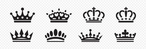 Set of 8 Black Crown Silhouettes Featuring Unique Shapes and Ornate Designs with Diamonds, Hearts, Crosses, and Circles for Royalty, Branding, vector