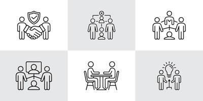 Set of 6 Teamwork and Collaboration Icons Representing Networking, Brainstorming, Leadership, Business Meetings, Partnership, and Group Communication vector