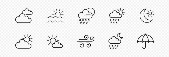 Set of 10 Weather Icons in a Minimalist Style Featuring Clouds, Rain, Sun, Moon, Wind, and an Umbrella Representing Various Forecast Conditions for Meteorology and UI Design vector
