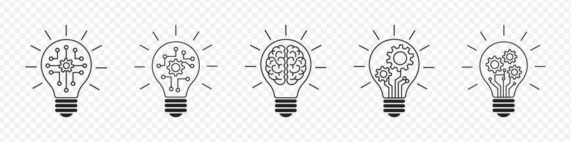 Set of 5 Light Bulb Icons Featuring Circuit, Gear, Brain, Bolt, and Connection Illustrations Symbolizing Innovation, Technology, Problem-Solving, Creativity, and Artificial Intelligence vector