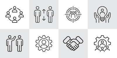 Set of 8 Teamwork and Collaboration Icons Representing Leadership, Communication, Partnership, Innovation, Brainstorming, and Professional Networking vector