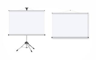 Blank realistic tripod portable projection screen. Isolated on white background. vector