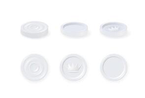 White checkers chips. 3d realistic round badge with circle convex lines on surface and shadow to play on checkerboard. vector