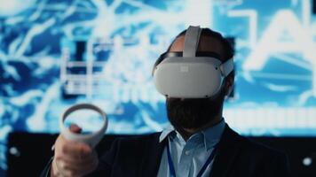 Professional technician uses VR headset and AI brain functions, working on data visualization interface for machine learning algorithms. High tech device for innovation. Camera A. video