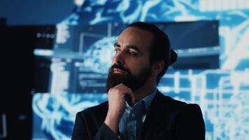 IT specialist interacting with digital AI neural networks for deep learning and algorithmic thinking, ensuring smart tech innovation and future development strategy with science. Camera A. video