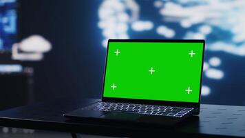 Surrounded by digital data and AI brain systems, laptop showcases isolated mockup on a screen. Automation platforms and cloud computing ensures modern strategy and innovation. Camera A. video