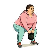Happy and confident plus-size woman using a kettlebell for exercise. vector