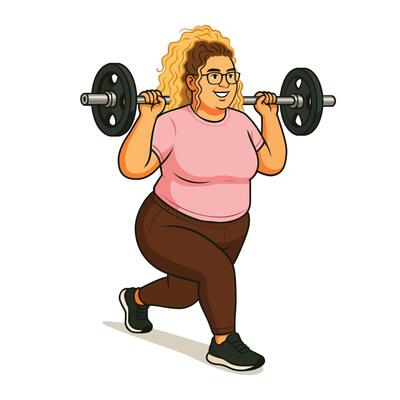 Cheerful Plus-Size Woman with Long Curly Hair and Spectacles, Dressed in Gym Wear and Shoes, Happily Lifting a Barbell