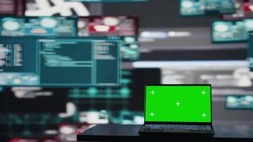 Empty space with mockup screen on pc used to initiate a cyber intrusion, compromising IT security through coding, identity theft and encryption bypass. Trigger alarms for threat detection. Camera B. video