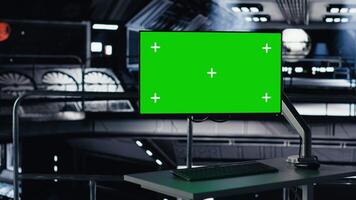 Mockup monitor assisting orbit station astronauts in evaluating planets habitability factors. Green screen display in spaceship used for verifying navigation coordinates during space journey video