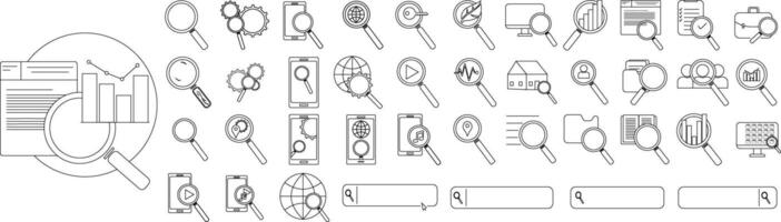 Search Icons Set - Magnifying Glass, Analytics, Web, Mobile, Data, Business, SEO, File, Document, and Technology Outline Symbols vector