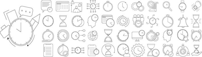 Time Management and Productivity Line Icon Set, Clock, Schedule, Deadline, Stopwatch, Calendar, Timer, Hourglass, Gear vector